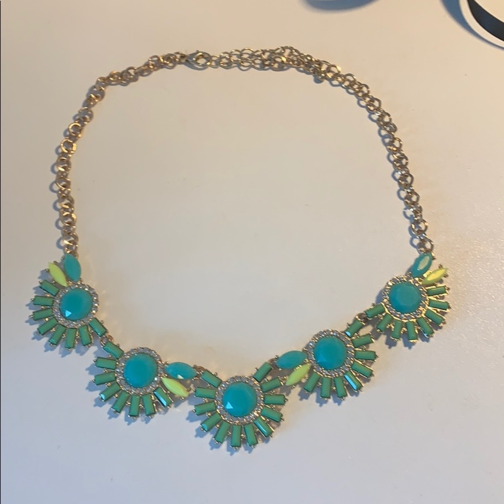 Neon Yellow Green and Teal Necklace with crystals